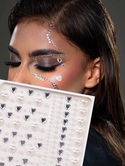 3D Metallic Silver Heart-Shaped Sequin & Pearl Face Jewels, DIY For Weddings, Music Festivals, Carnivals, Valentine's Day, Y2K Parties, Daily Decoration, Makeup Parties, Balls, Can Be Used For Hair, Eyes, Face, Body Decoration