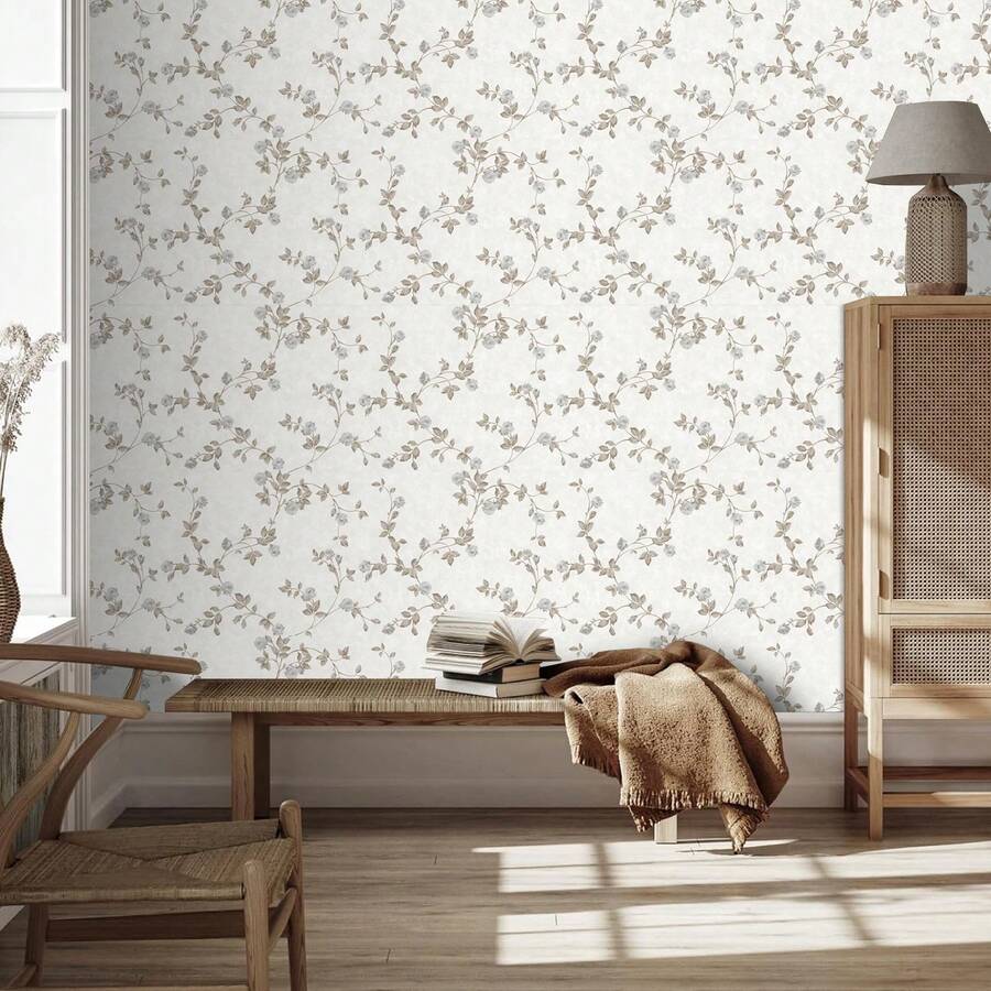 1 Roll Self-Adhesive Wallpaper, Classic Elegant Floral Pattern Textured Wallpaper, White Background Botanical Flower Design, Removable, Waterproof, Non-Sticky, Seamless Pattern, Easy To Apply, Suitable For Home Decor, Rental Decoration, Kitchen, Bedroom, Living Room, TV Background, Furniture Renewal, Straight Line Matching, Multiple Sizes