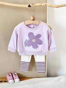 2 件套幼儿女宝宝花朵刺绣长袖运动衫 + 拼布裤套装，春夏