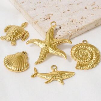 5件不锈钢海洋主题吊坠组合 - 海星、贝壳、海龟、鲨鱼、鱼、海豚、海马。适用于手链、项链、脚链、耳环首饰DIY、批发、复古、海滩、派对元素，18K镀金