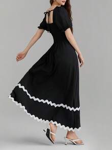 Women's Summer Long Dress Ric Rac Trim Square Neck Short Puff Sleeve Flowy A-Line Dress - Black - View 5