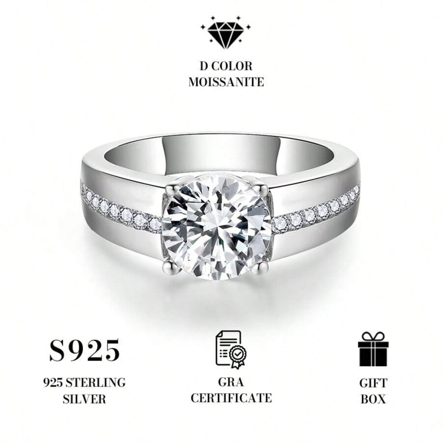 1pc Men's 2 Carat Round Moissanite Wedding Ring, Micro-Pave Setting, With GRA Certificate