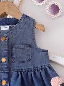 HAO6 春夏女婴无袖 V 领连衣裙，新生儿休闲连衣裙，前襟纽扣，百褶裙设计 - 中等水洗藍 - 查看 4