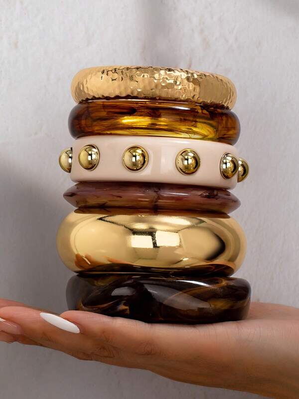 1 Pc Chunky Resin Cuff Bangle Bracelet Women Stacked Chunky Wheels Bangles Set , Brown Color Acrylic Bracelet Arm Band , Basic Design Bracelets Jewelry For Daily Wear