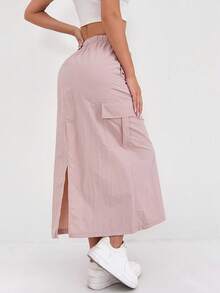 1 件 Y2K 风格高腰工装裙，适合女性，纯色涤纶 A 字型中长裙，带口袋，常规版型，开衩下摆，时尚四季裙，腰部有抽绳