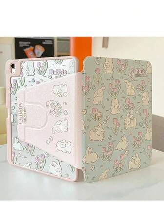 1pc Pretty Bunny 720 Degree Rotary Flat Cover With Pen Slot, Acrylic Clear Crystal Back Cover, Sleep/Wake Support, Compatible With Apple IPad Mini 6/7, 9.7/10.2/10.5", IPad Air 4/5/6, 10th Gen, 10.9", IPad Pro 11", IPad Air 11 (M2), IPad Air 11 Inch (M3)-2025, IPad Air 11 Inch (M3), IPad Air 13 And IPad Pro 11 (M4), IPad Air 11 Inch (M3), IPad Air 11 Inch (M3)-2025, IPad 11 A16 2025, Also Compatible With Samsung,
