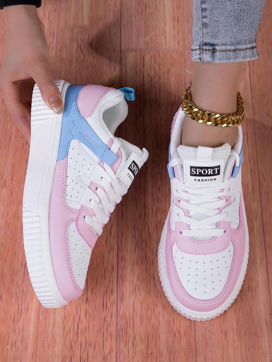 女士户外黑白透气网面系带滑板鞋，校园休闲时尚运动鞋 - 粉色 - 查看 1
