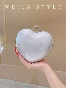 Rhinestone Embellished Heart Shaped Luxury Tassel Evening Clutch Bag, Diamond Wedding Party Handbag, Silver Envelope Purse, High-End Fashion Elegant Evening Dress Bag Crossbody Bag