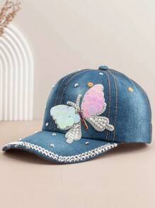 1 Stück Damen Mode Baseball Kappe mit Schmetterling Strass, vielseitig einsetzbarer Outdoor Lässig Sonnenhut mit farbigen Strass-Akzenten