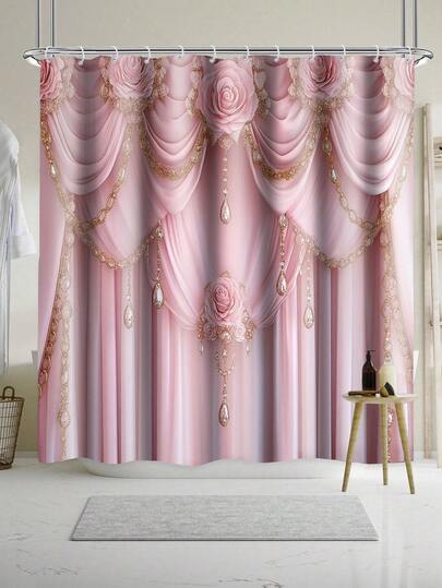 1 件复古宫廷图案印花玫瑰水晶元素防水浴室窗帘，隔断帘，浴缸隔断，适用于现代家居浴室装饰，防水涤纶面料，可机洗，带 12 个挂钩，35 英寸 X 70 英寸，47 英寸 X 70 英寸，59 英寸 X 70 英寸，70 英寸 X 70 英寸，适合作为夏季礼物