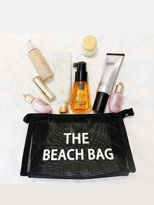 1 件网状镂空尼龙“THE BEACH BAG”、“BEACH PLEASE”、“Beach Viles”白色字母印花女士便携网眼化妆包，海滩度假旅行便携大容量多用途化妆包，女士化妆包旅行盥洗收纳包 - 黑色 - 查看 4