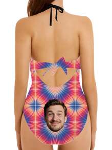 1 pieza Traje de baño de una sola pieza con estampado facial personalizado para mujer, diseño sexy y de moda con lazo hueco, impresión facial personalizable, apto para piscina, playa, vacaciones, niñas