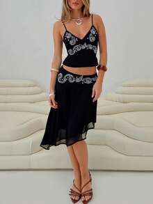 Women Summer 2 Piece Outfits Skirts Set Boho Floral Print Spaghetti Strap V Neck Crop Cami Tops And Sheer Mesh Asymmetrical Midi Skirts Vintage Summer Vacation Beach Going Out Outfit Streetwear - 黑色 - 查看 2