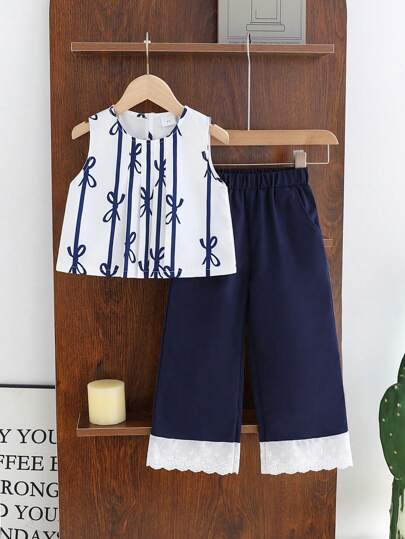 2pcs/Set Girls' Summer Outfit: A-Line Bow Decor Random Print Camisole And Elastic Waist Floral Trim Woven Pants, Suitable For Vacation And Everyday Wear