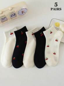 2 Paar Damen Socken mit süßem Kirschenmuster, geeignet für den täglichen Gebrauch