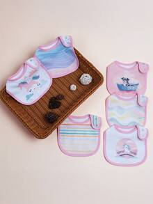 6入組卡通印花可調節防水圍兜,適合男女寶寶,全季節使用