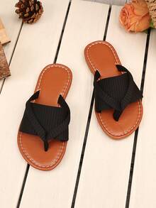 1 Pair Kids/Teens Plus Size Black Solid Color Slipper, Elastic Fabric Thong Design, Simple & Comfortable, TPR Non-Slip Flat Round Toe, Fashionable & Cute Roman Style Indoor/Outdoor Sandals For Spring/Summer - Black - View 2