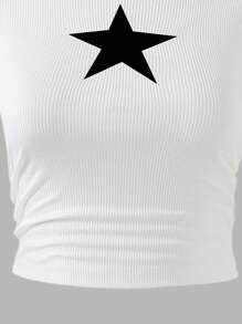 2pcs/Set Teenage Girls Fashion Star Pattern Ribbed Crew Neck T-Shirt And Outdoor Cargo Wide Leg Pants Sets