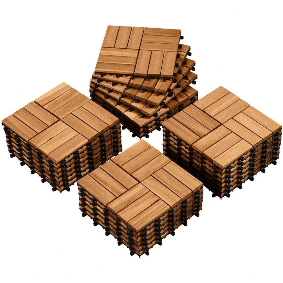 Costoffs 10/27PCS Waterproof Acacia Wood Interlocking Deck Tiles Wood Plastic Interlocking Flooring Tiles For Outdoor & Indoor/ Patio/ Garden, Wood - 木頭 - 查看 1