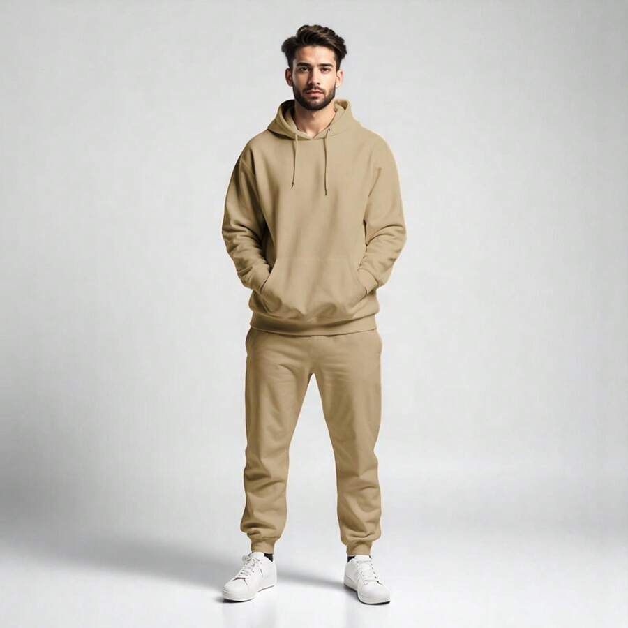CONJUNTO CASUAL TIPO DEPORTIVO 2 PIEZAS, SUDADERA CON CAPUCHA Y PANTALON CON JARETA O CIERRE PARA HOMBRE - Beis - Ver 1