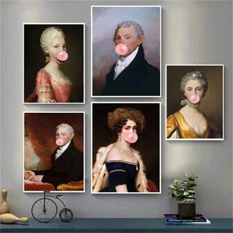 1 pieza Póster con marco opcional Artes de pared Vintage Bubble Gum Art Figuras del Renacimiento Reina Elizabeth Beethoven Mona Lisa Pintura de lienzo de pared ecléctica Póster clásico, Arte de pared con marco