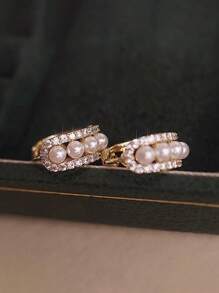 2pcs Pearl Zirconia Hoop Earrings Women Gold Plated Earrings Bridal Wedding Mother' Day Pearl Accessories Vacation Jewelry Gift For Girlfriend Wife