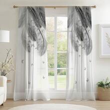2pcs Set Gray & White Feather Print Sheer Curtains - Rod Pocket, Machine Washable Polyester For Living Room & Bedroom Decor, HD Digital, Window Screen, Decorative, Study - Multicolor - View 2