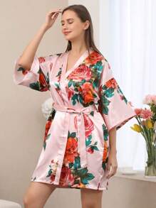 1 pieza Bata de satén estilo floral para boda, fiesta de novia, dama de honor, bata kimono para mujer, despedida de soltera, Día de la Madre, regalo de regreso a la escuela