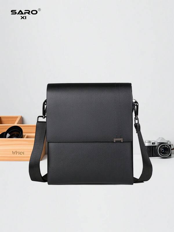 saroxi 1pc Men Shoulder Crossbody Bag Messenger Bag With Side Pockets Multi-Function Casual PU Leather Minimalist Style Black And Brown Bag, Gift For Boyfriend