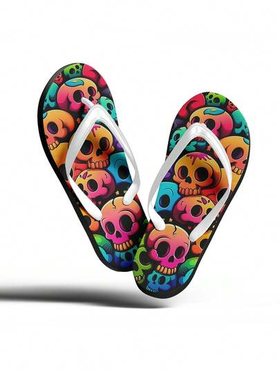 Men's Cartoon Skull Design Flip Flops, Colorful Vibrant Casual Comfortable Soft Beach Sandals For Men And Women, Comfortable And Stylish Summer Footwear
