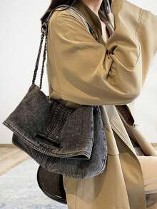 Large Capacity Denim Shoulder Bag For Women Casual Retro Crossbody Bag Chain Trim Satchel For Daily