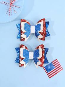 2pcs 4th Of July Girls Hair Bow Patriotic Star Bow Barrettes, USA Flag Sparkly Hair Clips For Independence Day , Exquisite Sequin Glitter Bow Hairpin Girls Hair Accessories. - Multicolor - View 8