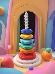 彩虹塔旋转叠叠乐玩具，彩色套圈游戏，儿童早教益智玩具，形状匹配积木，适合开学、万圣节、圣诞节和其他节日 - 疊疊樂 - 查看 6