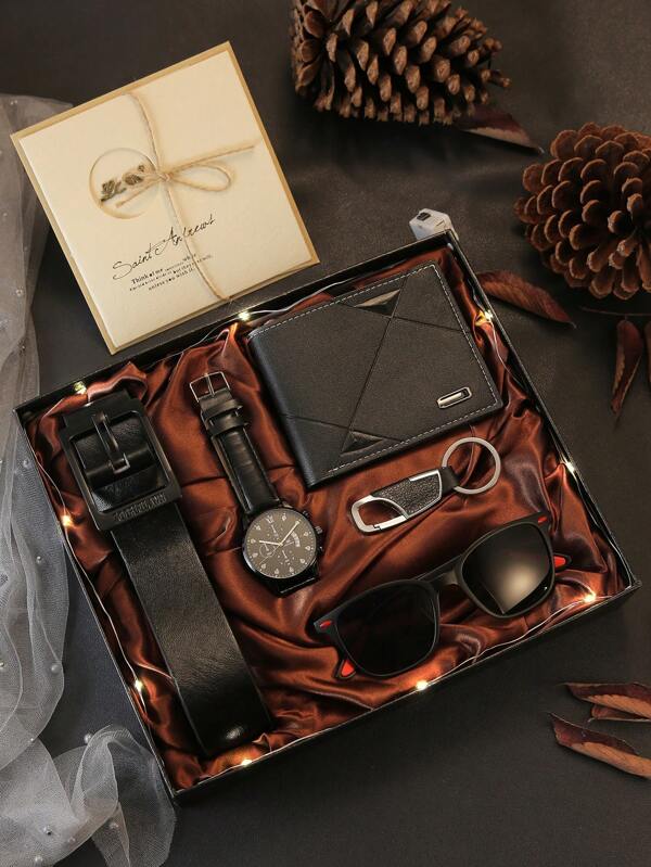 Conjunto de regalo de 7 PIEZAS de accesorios de moda casual clásicos para hombres, que incluyen reloj, cartera, cinturón, gafas de sol, llavero, luz LED y tarjeta de felicitación, perfecto para días festivos, cumpleaños, Día del Padre, accesorios decorativos para el día a día