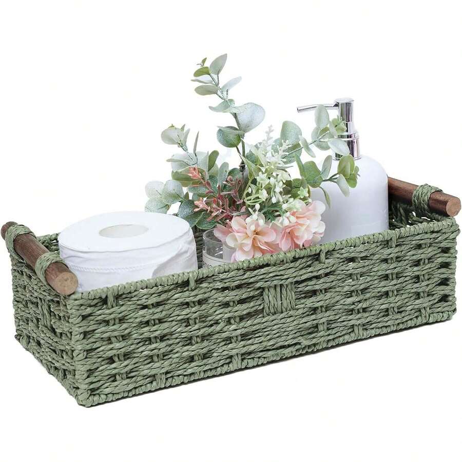 1 Round Paper Rope Storage Basket With Handle, Decorative Storage Box Organizer, Used As A Toilet Paper Basket On Top Of The Bathroom Cistern, Small Basket, Christmas Tree Themed Tray,Shower Organizer,Bathroom Accessories,Tissue Box Holder