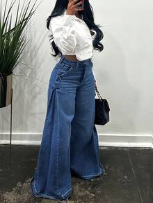 Modern Cozy  Chic Denim Wide Leg Jeans - 寶藍色 - 查看 2