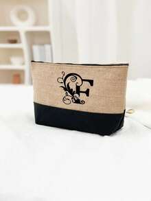 Black Khaki Patchwork Tote Bag Set, Black Vines Wrapped Around The Initial Letters A-Z, With The Same Series Of Color Block Makeup Storage Bag, Toiletry Bag, Wallet, Personalized Gift Bag, Fashionable Personalized Tote Bag - Khaki - View 14