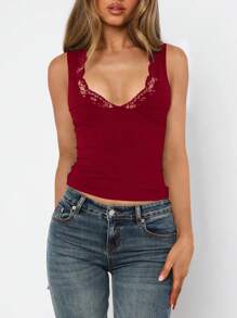 女士性感蕾丝 V 领时尚舒适休闲度假百搭通勤 Y2K 吊带背心，春夏