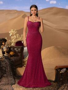 Faeriesty Elegant Luxurious Mermaid Evening Gown With Spaghetti Strap And Pearl Decoration, Suitable For Formal Occasions Such As High-End Banquets, Weddings, Red Carpets, Luxury Parties - Burgundy - View 3