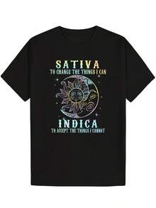 Soft & Comfy Cotton Tie-Dye Graphic T-Shirt - "Sativa To Change The Things I Can" Design, Black With Multicolor  Art, Regular Fit Casual Summer Tee For Men & Women, Machine Washable, Comfortable Daily Wear, Bold Statement Shirt, Breathable FabricClassic Rock Fun Print T-Shirt Summer Unique Printed Pure Cotton T-Shirt Comfortable Crew Neck Cotton T-Shirt - Black - View 1