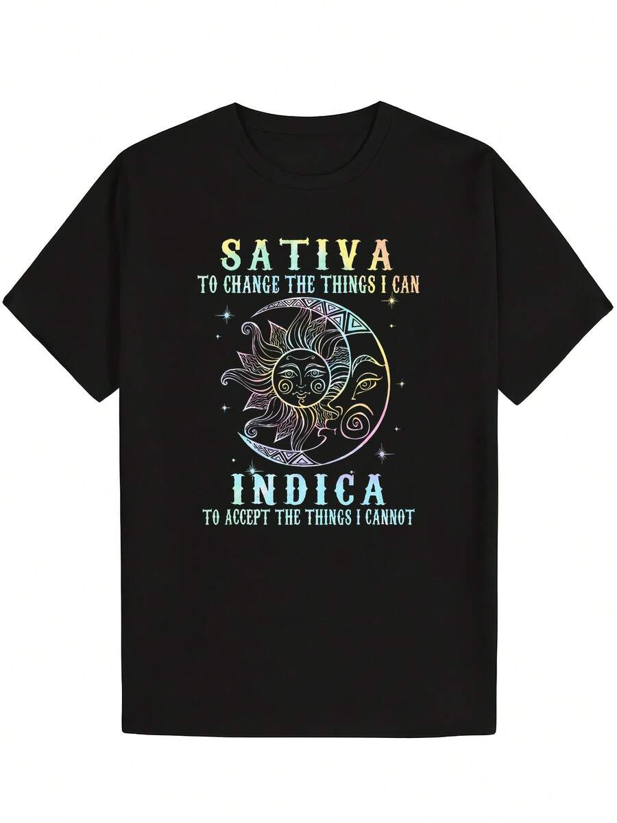 Soft & Comfy Cotton Tie-Dye Graphic T-Shirt - "Sativa To Change The Things I Can" Design, Black With Multicolor Art, Regular Fit Casual Summer Tee For Men & Women, Machine Washable, Comfortable Daily Wear, Bold Statement Shirt, Breathable FabricClassic Rock Fun Print T-Shirt Summer Unique Printed Pure Cotton T-Shirt Comfortable Crew Neck Cotton T-Shirt - Black - View 1