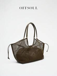 休闲大容量沙滩包，新款时尚百搭轻便网眼女士单肩包，休闲透气镂空托特包，复古腋下包 - 彩色 - 查看 12