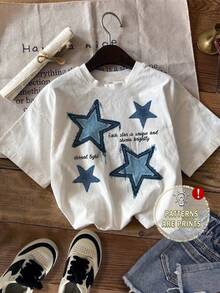 PLAYERA BLUSA DE CUELLO REDONDO PARA DAMA CON ESTAMPDO DE ESTRELLA AZUL PERFECTA PARA CASUAL GYM - Blanco - Ver 3