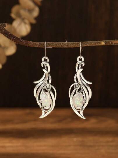 复古不对称椭圆形蛋白石装饰吊坠耳环，波西米亚风优雅合金首饰，节日耳环