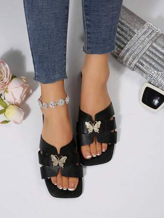 优雅时尚夏季新款仿珍珠和水钻装饰单带平底凉鞋，女式户外露趾拖鞋