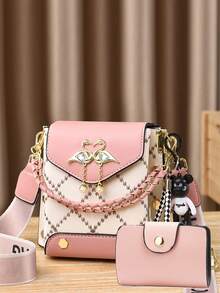 Two Pieces Mini Mobile Phone Bags Set - Fashion Print Shoulder And Crossbody Bags - Pink - View 4