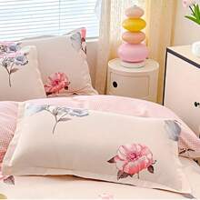 Conjunto de cama de flanela floral com 4 peças, incluindo 1 capa de edredom, 1 lençol plano, 2 fronhas, roupa de cama reversível com estampa floral para casa, dormitório, camping, adequada para todas as estações e como presente para o Dia das Mães