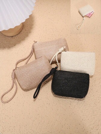 女士草编零钱包，配挂绳 - 便携式钥匙包和卡包，拉链信封袋