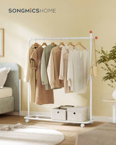 SONGMICS HOME Stand Appendiabiti, Attaccapanni in Metallo con Ruote, 1 Barra Appendiabiti, Ganci a Forma di Fiammifero, Bianco Opaco