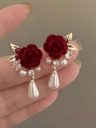 1 Pair Elegant Women's Vintage Pearl & Flocked Rose Flower Earrings, Red, Silver Needle, Retro, Chic, Suitable For Bridal Dress